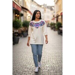 P.A. International Embellished Ivory Top Womens Med. Beaded Sequins 3/4 Sleeves